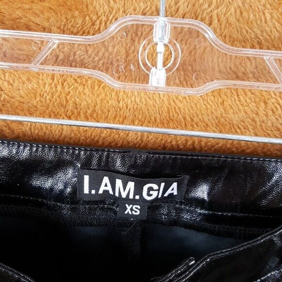 I AM GIA Womens Pants XS Black Slim Leg Faux Leather Skinny Zip Up Trouser Shiny - Picture 3 of 8